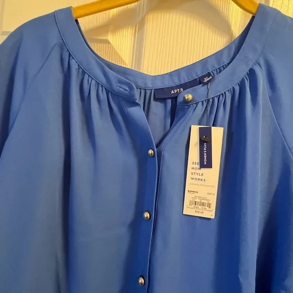 2X Blue Apt. 9 Brand New Top With Tags Flutter Short Sleeve Button Down Blouse - Picture 4 of 10